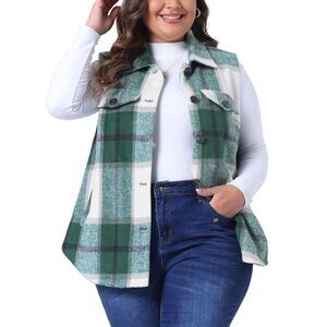 Plus Size Plaid Coat Slash Pocket Button Down Vest Green
